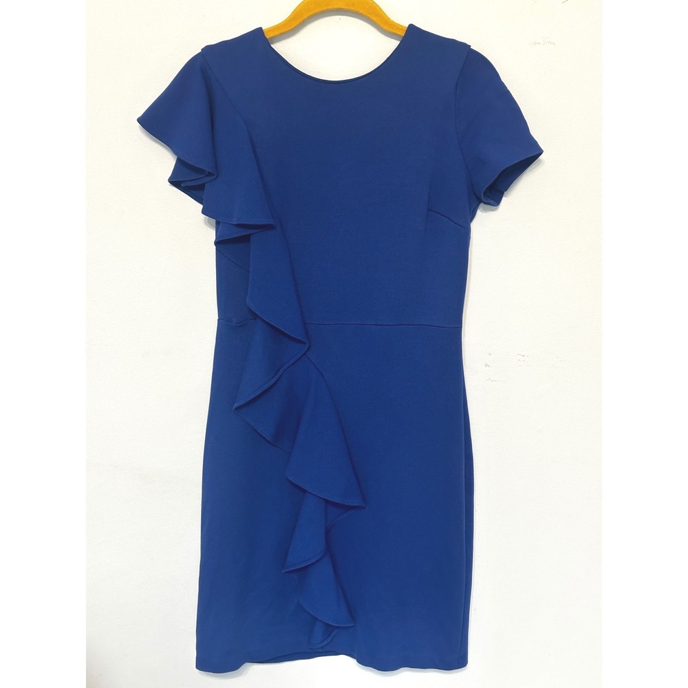 Belle Badgley Mischka Royal Blue Ruffle Sheath Dress Size 4 Flutter Sleeve